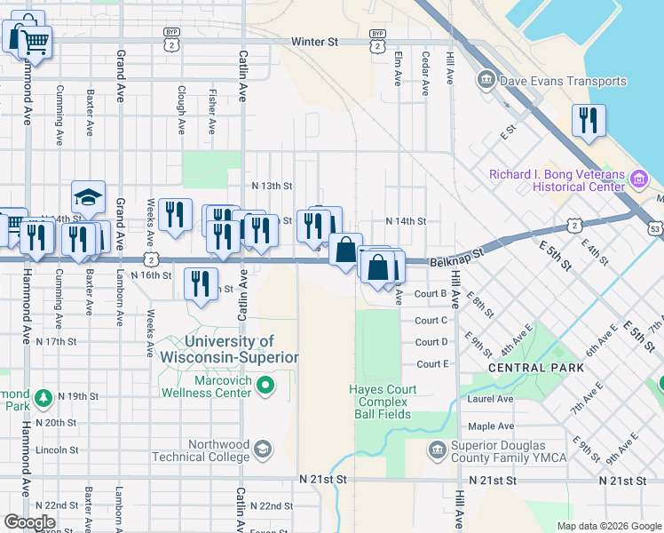 map of restaurants, bars, coffee shops, grocery stores, and more near 274 Belknap Street in Superior