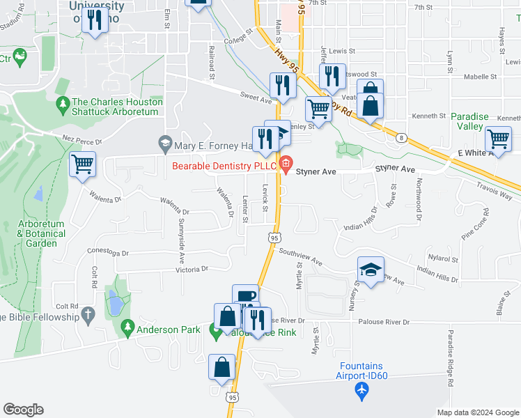 map of restaurants, bars, coffee shops, grocery stores, and more near 1575 Levick Street in Moscow
