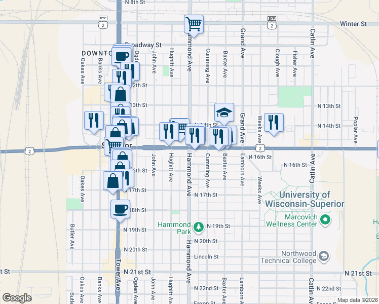 map of restaurants, bars, coffee shops, grocery stores, and more near 1402 Belknap Street in Superior