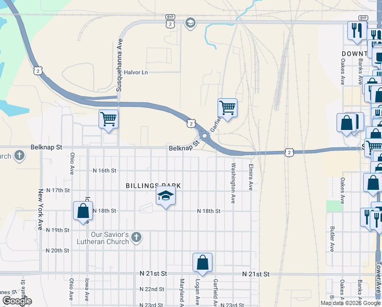 map of restaurants, bars, coffee shops, grocery stores, and more near 2806 Belknap Street in Superior