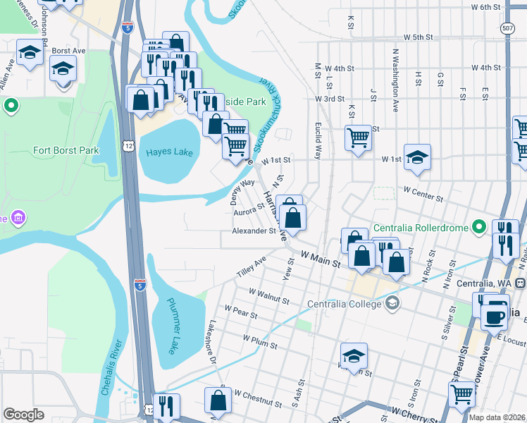 map of restaurants, bars, coffee shops, grocery stores, and more near 110 Aurora Street in Centralia