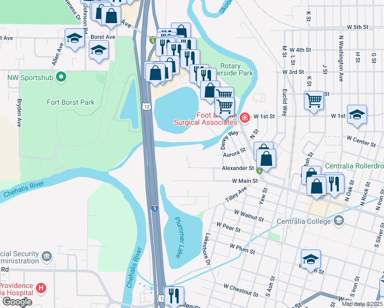 map of restaurants, bars, coffee shops, grocery stores, and more near 1317 Alexander Street in Centralia