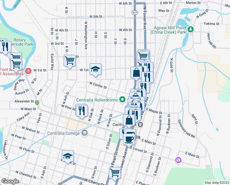 map of restaurants, bars, coffee shops, grocery stores, and more near 415 North Iron Street in Centralia