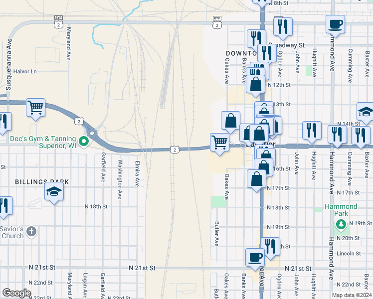 map of restaurants, bars, coffee shops, grocery stores, and more near 2204 Belknap Street in Superior