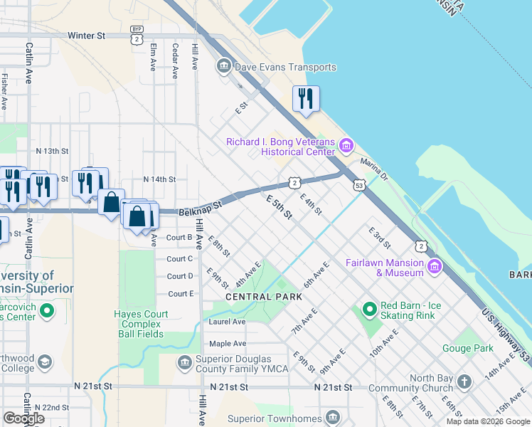 map of restaurants, bars, coffee shops, grocery stores, and more near 515 3rd Avenue East in Superior