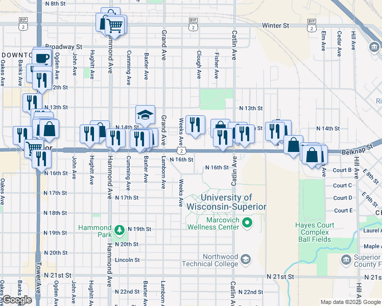 map of restaurants, bars, coffee shops, grocery stores, and more near 904 Belknap Street in Superior