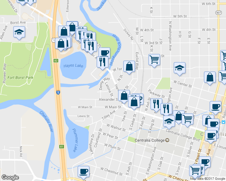 map of restaurants, bars, coffee shops, grocery stores, and more near 110 Aurora Street in Centralia
