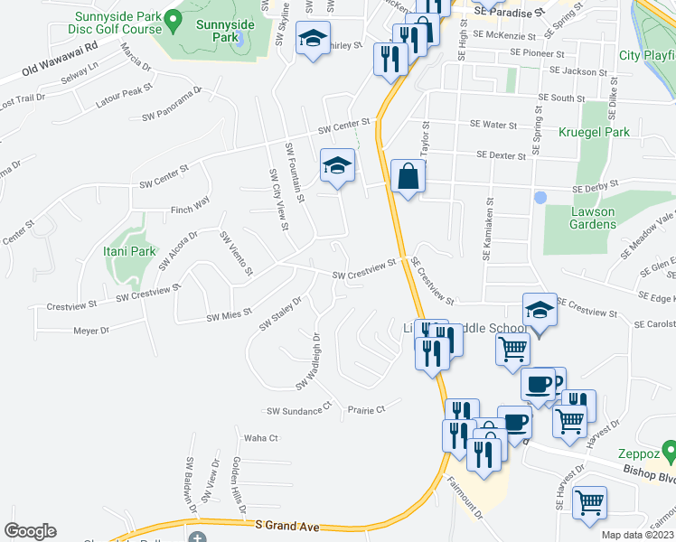 map of restaurants, bars, coffee shops, grocery stores, and more near 410 Southwest Crestview Street in Pullman