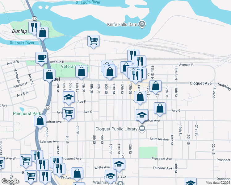 map of restaurants, bars, coffee shops, grocery stores, and more near 26 11th Street in Cloquet