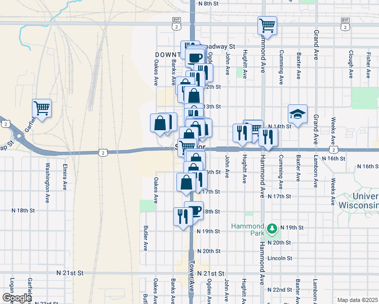 map of restaurants, bars, coffee shops, grocery stores, and more near 1501 Tower Avenue in Superior