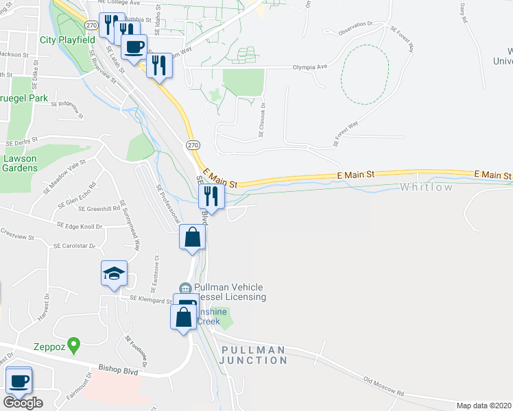 map of restaurants, bars, coffee shops, grocery stores, and more near 1898 SE Bleasner Dr in Pullman