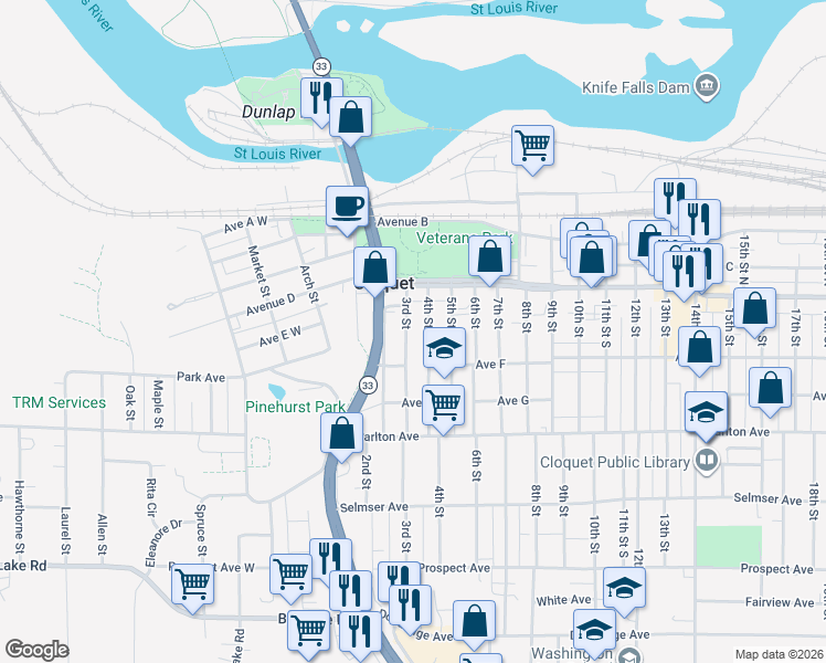 map of restaurants, bars, coffee shops, grocery stores, and more near 28 3rd Street in Cloquet