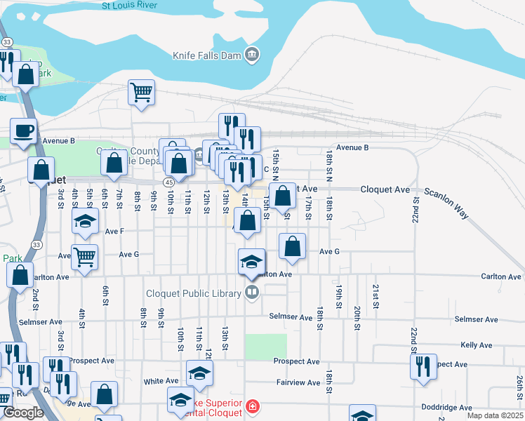 map of restaurants, bars, coffee shops, grocery stores, and more near 17 15th St in Cloquet