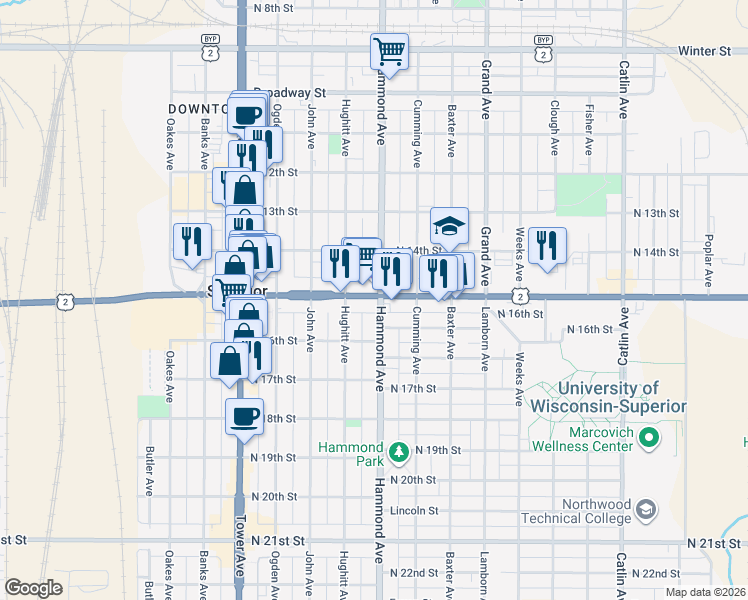 map of restaurants, bars, coffee shops, grocery stores, and more near 1402 Belknap Street in Superior