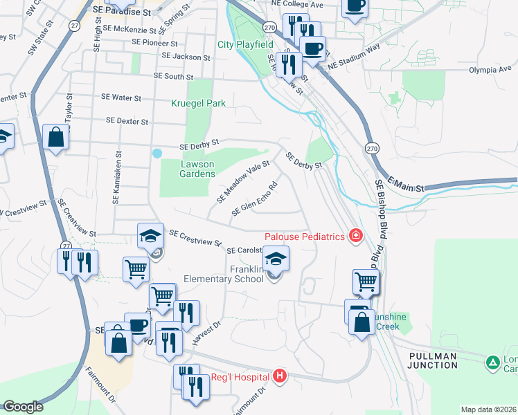 map of restaurants, bars, coffee shops, grocery stores, and more near 810 Southeast Greenhill Road in Pullman