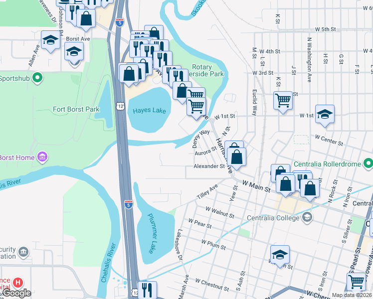 map of restaurants, bars, coffee shops, grocery stores, and more near 305 Denny Way in Centralia