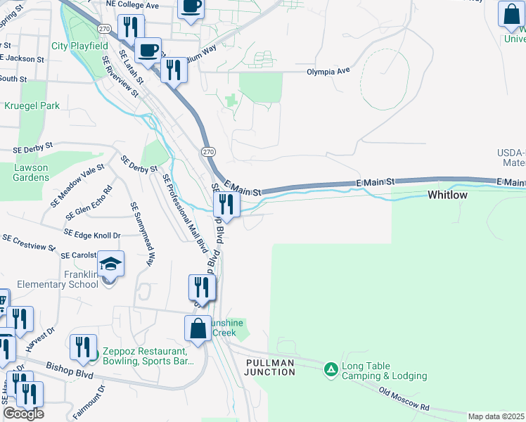 map of restaurants, bars, coffee shops, grocery stores, and more near 33 Southeast Bleasner Drive in Pullman