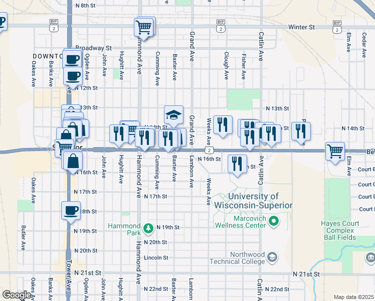 map of restaurants, bars, coffee shops, grocery stores, and more near 1102 Belknap Street in Superior