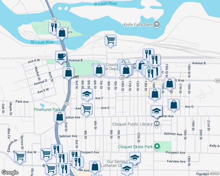 map of restaurants, bars, coffee shops, grocery stores, and more near 26 8th Street in Cloquet