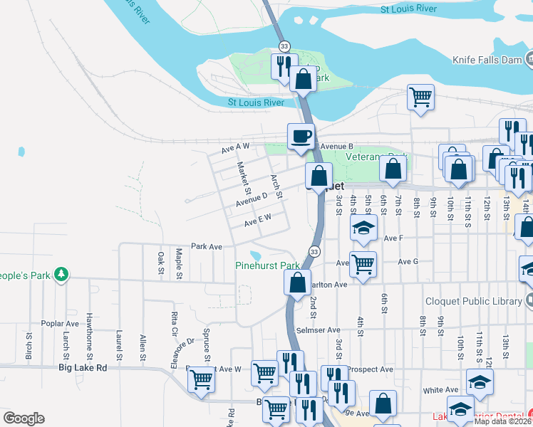 map of restaurants, bars, coffee shops, grocery stores, and more near 215 Avenue East West in Cloquet
