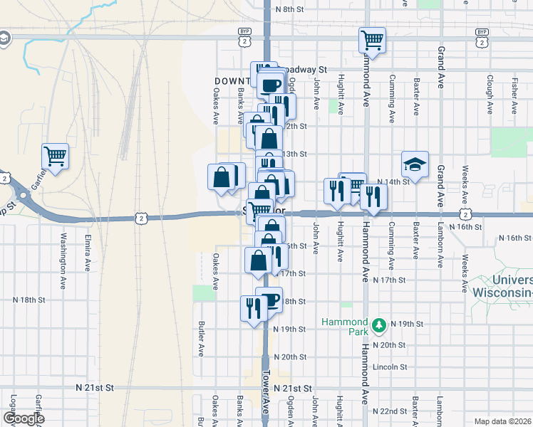 map of restaurants, bars, coffee shops, grocery stores, and more near Belknap St & Tower Ave in Superior