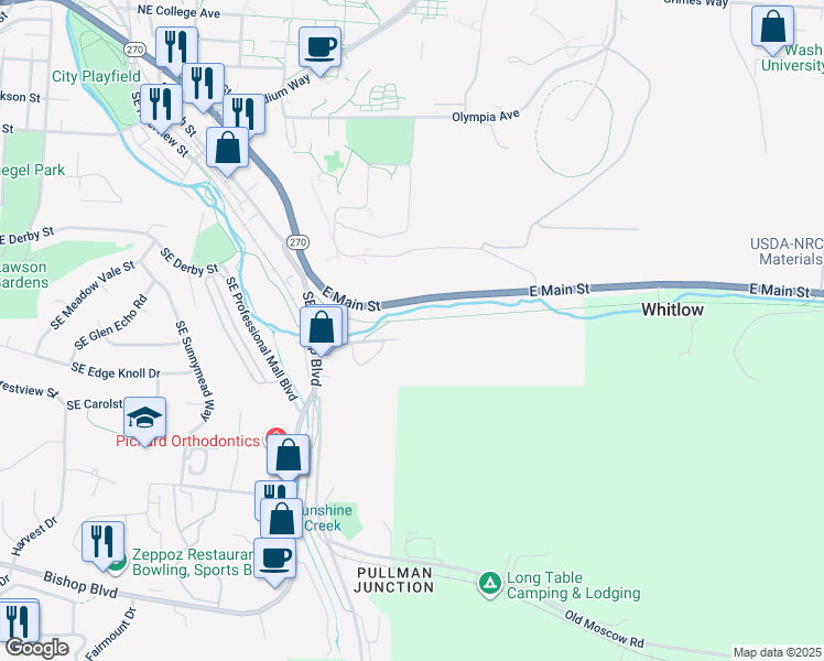 map of restaurants, bars, coffee shops, grocery stores, and more near 1898 Southeast Bleasner Drive in Pullman
