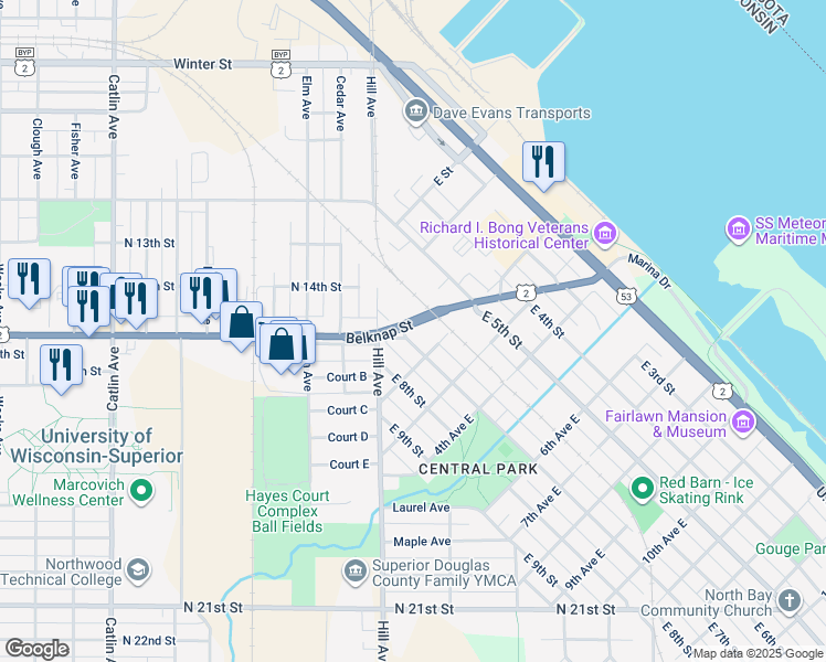 map of restaurants, bars, coffee shops, grocery stores, and more near 103 East 7th Street in Superior