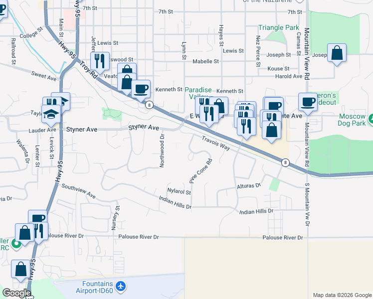 map of restaurants, bars, coffee shops, grocery stores, and more near 1403 Pine Cone Road in Moscow