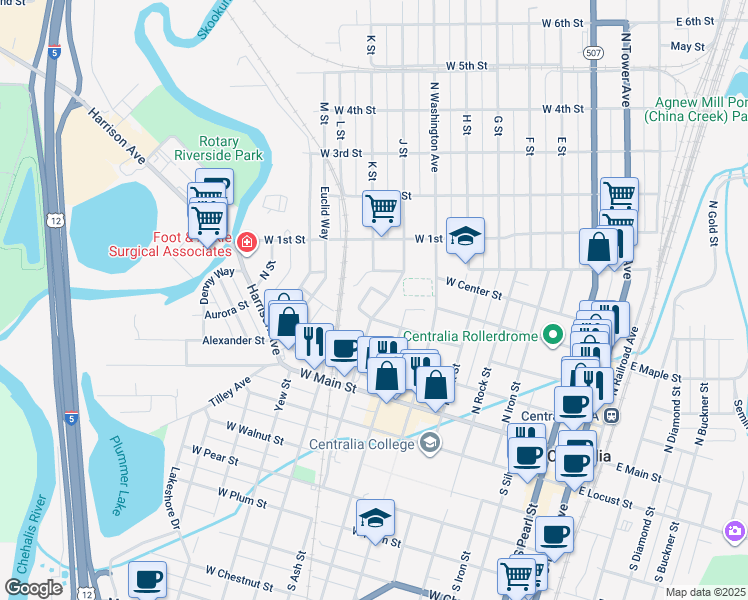map of restaurants, bars, coffee shops, grocery stores, and more near 809 Parkway Street in Centralia
