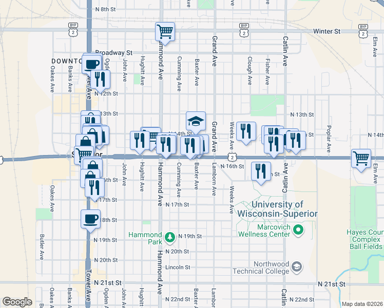 map of restaurants, bars, coffee shops, grocery stores, and more near in Superior