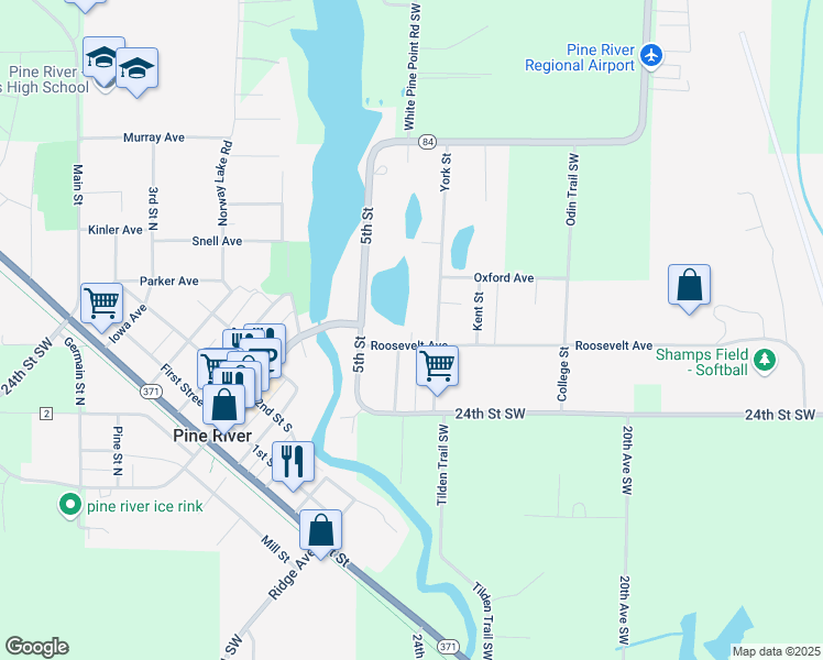 map of restaurants, bars, coffee shops, grocery stores, and more near 725 Roosevelt Avenue in Pine River