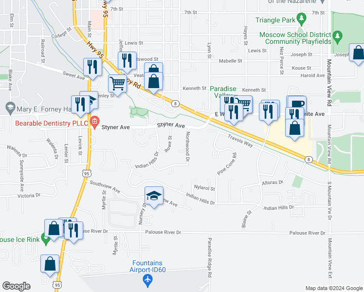 map of restaurants, bars, coffee shops, grocery stores, and more near 1552 Northwood Drive in Moscow