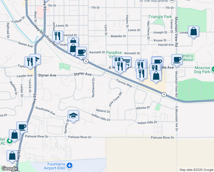 map of restaurants, bars, coffee shops, grocery stores, and more near 1403 Pine Cone Road in Moscow