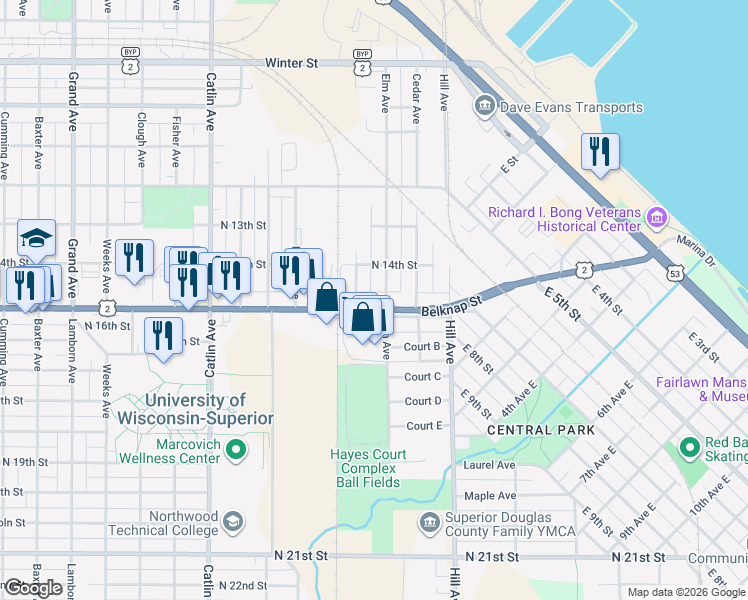 map of restaurants, bars, coffee shops, grocery stores, and more near 107 Belknap Street in Superior