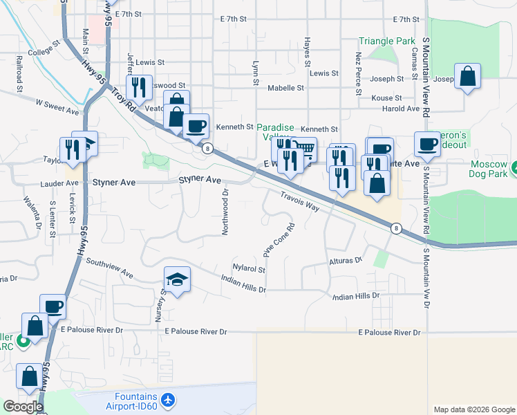 map of restaurants, bars, coffee shops, grocery stores, and more near 1403 Pine Cone Road in Moscow