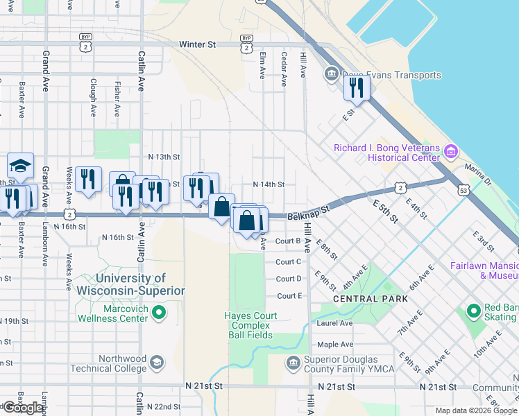 map of restaurants, bars, coffee shops, grocery stores, and more near 107 Belknap Street in Superior