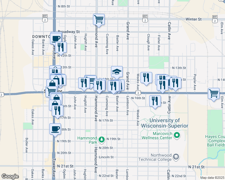 map of restaurants, bars, coffee shops, grocery stores, and more near in Superior