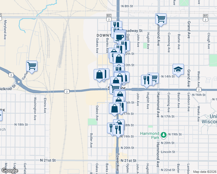 map of restaurants, bars, coffee shops, grocery stores, and more near 1516 Oakes Avenue in Superior