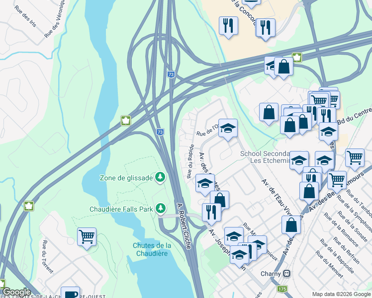map of restaurants, bars, coffee shops, grocery stores, and more near 4316 Rue du Tourbillon in Lévis