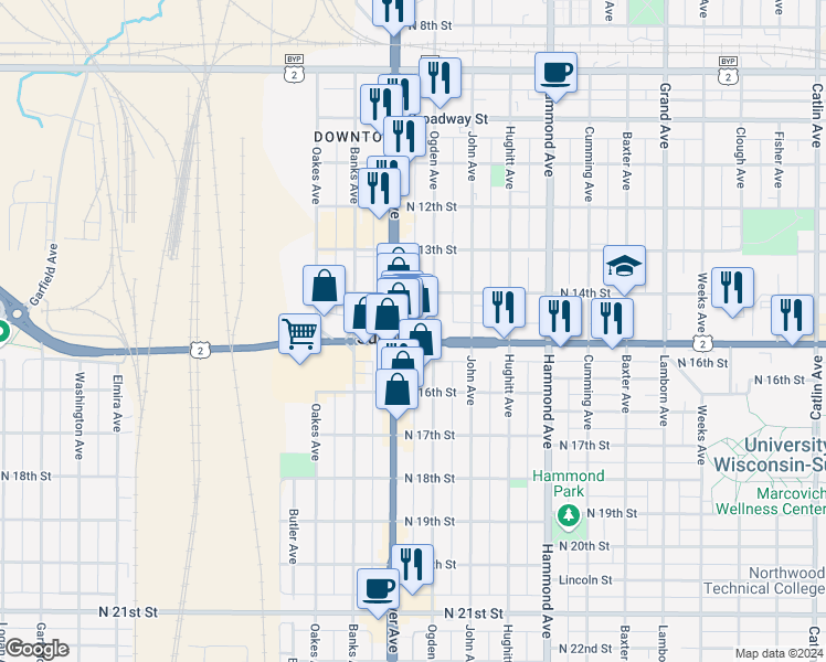 map of restaurants, bars, coffee shops, grocery stores, and more near 1708 Belknap Street in Superior
