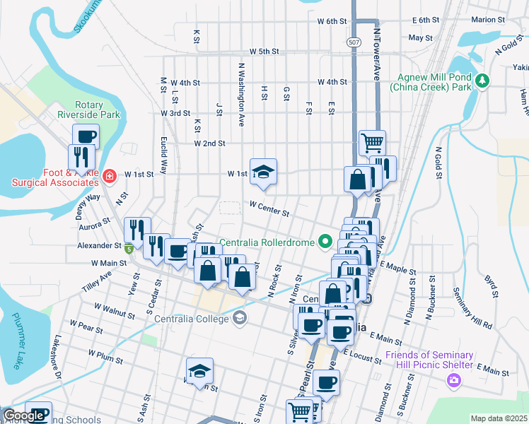 map of restaurants, bars, coffee shops, grocery stores, and more near 615 West Maple Street in Centralia
