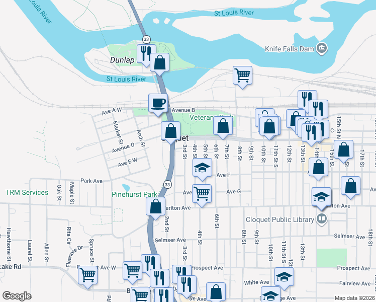 map of restaurants, bars, coffee shops, grocery stores, and more near 28 3rd Street in Cloquet