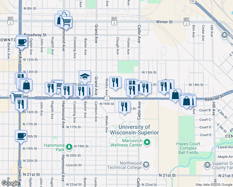 map of restaurants, bars, coffee shops, grocery stores, and more near 823 Belknap Street in Superior
