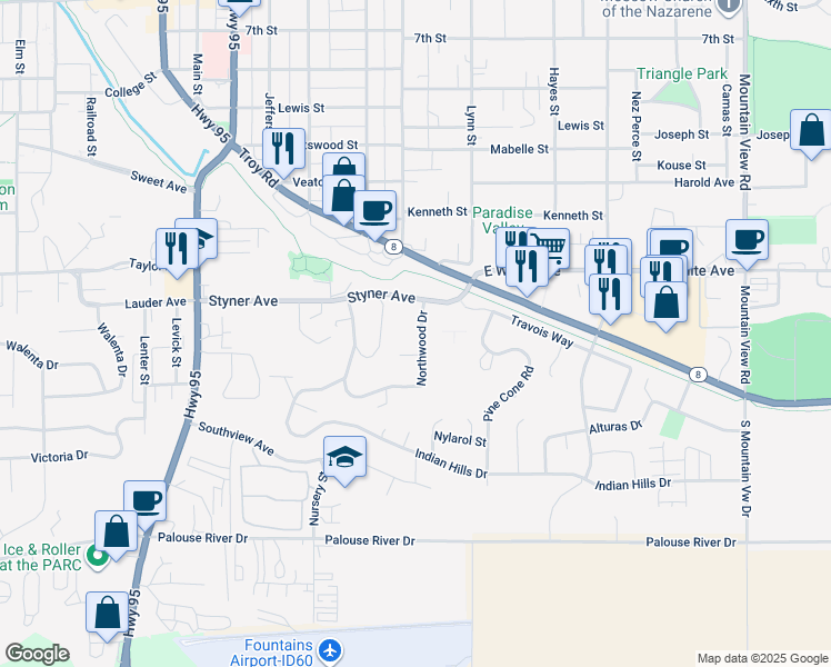 map of restaurants, bars, coffee shops, grocery stores, and more near 1552 Northwood Drive in Moscow
