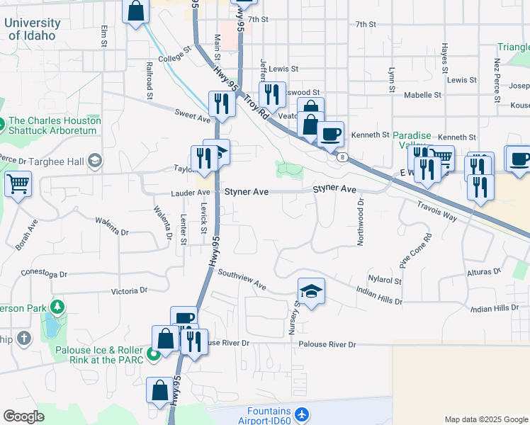map of restaurants, bars, coffee shops, grocery stores, and more near 1415 Hawthorne Drive in Moscow