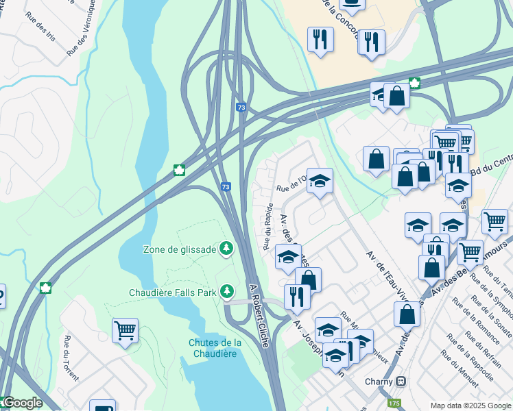 map of restaurants, bars, coffee shops, grocery stores, and more near 4350 Rue du Remous in Lévis