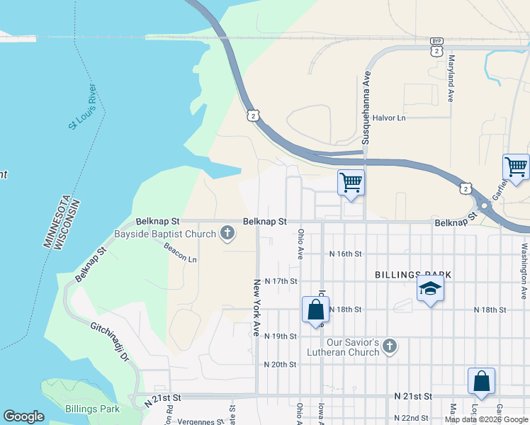 map of restaurants, bars, coffee shops, grocery stores, and more near 1420 New York Avenue in Superior