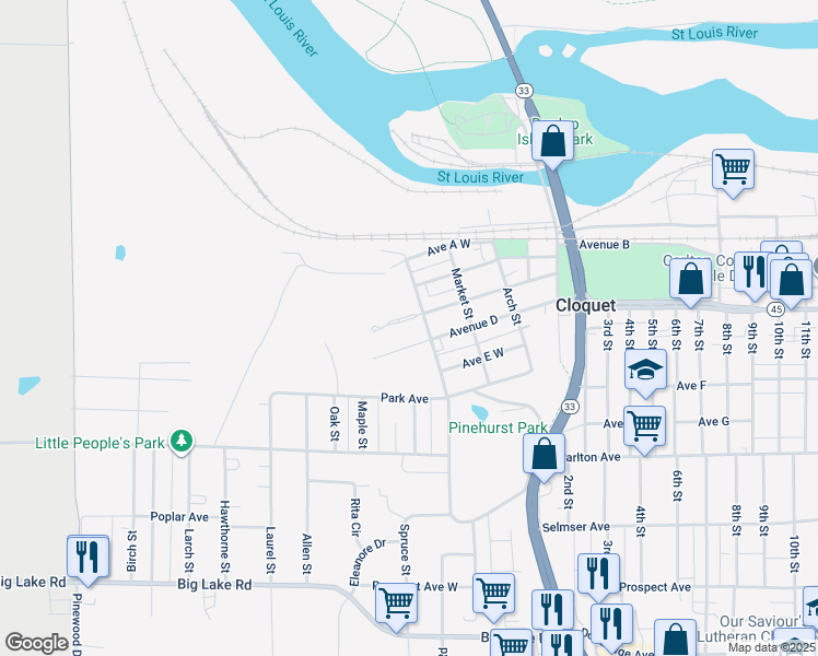 map of restaurants, bars, coffee shops, grocery stores, and more near 512 Park Place in Cloquet
