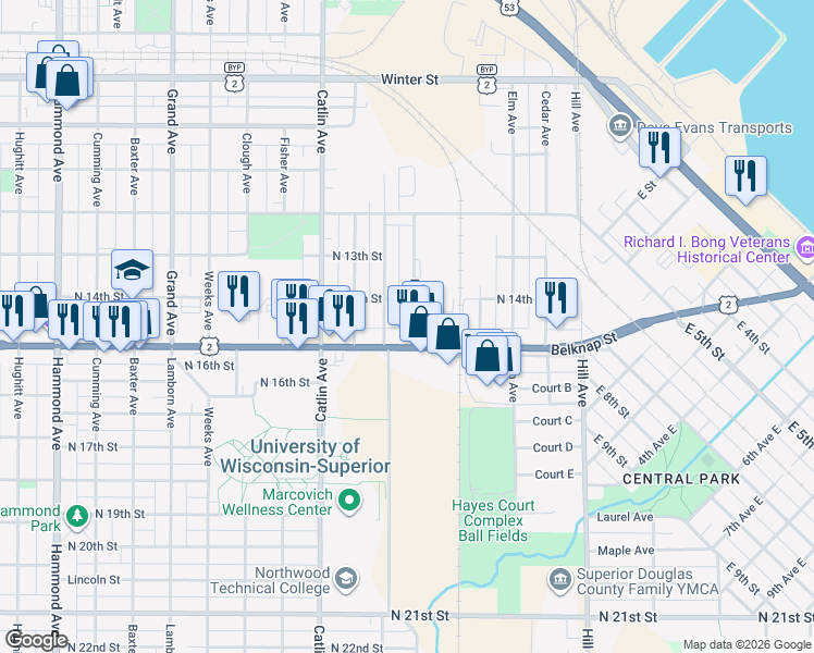 map of restaurants, bars, coffee shops, grocery stores, and more near 274 Belknap Street in Superior