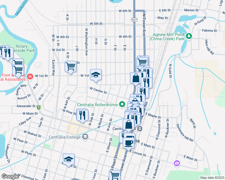 map of restaurants, bars, coffee shops, grocery stores, and more near 415 North Iron Street in Centralia